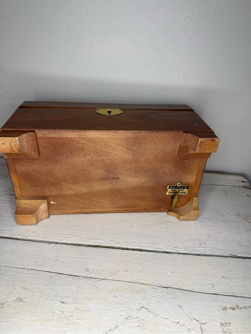 Vintage MCM Wooden Jewelry Music Box WORKS! Japan Mirror Blue Velvet Box